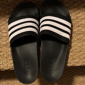 Adidas Black Slides with White Stripes